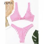 ZAFUL New Striped Front Knot Bikini Set Sexy Striped Plunging Neck Thong Bikini Padded Bikini Brzilian Swimsuit Women Swimwear