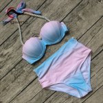 Tengweng 2018 New Sexy Blue Pearl Shell Top Bikinis Halter Push Up Padded Swimsuit High Waisted Swimwear Bathing Suit Beachwear
