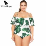 Sexy One Piece Bikini Swimsuit Plus Size Swimwear Ruffles Women Push Up Swimming Bathing Suit Green Leaf Print Monokini XXL XXXL