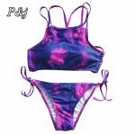 P&j 2017 New Women Print Bikini Set Sexy Tie Dye Swimwear Crop Top 3 Colors High Neck Bikini With Padded String Caged Swimsuit