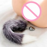 Fox, Stainless steel anal dildo with gray wolf fur fox tail metal butt plug SM adult game sex toy for couple women men gay masturbate