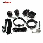 SMSPADE Real Leather Luxurious Bondage Restraints Kit Handcuffs Ankle Cuffs Mouth Gag Neck Collar Flogger Whip 