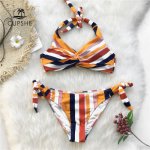 CUPSHE Navy And Orange Striped Twist Halter Bikini Sets Women Sexy Thong Two Pieces Swimsuits 2019 Girl Beach Bathing Suits