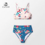 CUPSHE Sexy Pink And Blue Floral High-waisted Bikini Sets Women Tank Two Pieces Swimsuits 2019 Girl Beach Bathing Suits