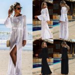 Hirigin 2019 Women Sexy Hollow Out Knitted Beach Dress Long Sleeve Bikini Cover Up Maxi Holiday Dress