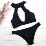 Women's Deep V Neck Sexy Bikini Pure Black Chest Pad Swimsuit XL Halter Push Up Bikini Set Padded Bra Bralette Swimwear
