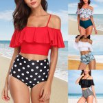 Vertvie Women Swimwear Vintage Ruched Flounce Bikini 2019 High Waisted Printing Two Pieces Bathing Suit Push Up Sexy Beach Wear