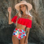 Seazea Floral Print Bikinis Ruffle Swimsuit Women Sexy Off Shoulder Swimwear High Waist Beach Wear Summer Solid Bathing Suit