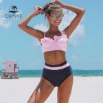 CUPSHE Pink Navy High-Waisted Push Up Bikini With Molded Cups Sexy Swimsuit Two Pieces Swimwear Women 2019 Beach Bathing Suit
