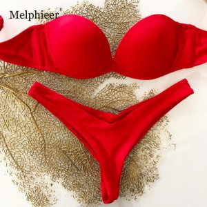 2019 Sexy Underwired Push Up Swimsuit Strapless Brazilian Bikinis Set Swimwear Women Red Bandage Bikini Female Swim Bathing Suit