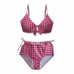 2019 Women Sexy Sweet Plaid Print Bow Simple High Waist Halter Cross Strap Bandage Split Bikini Set Swimsuit  Thin Red plaid