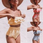 Women Sexy Off Shoulder Bikini Liner Bra Two Pieces Beach Bathing Suit Striped Print Yellow Swimwear High Waist Swimsuit Female