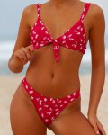 2019 New European and American Foreign Trade Red Feather Print Chest Knotted Bikini Strap Sexy Split Swimsuit