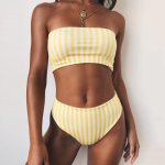 Ariel Sarah 2019 Sexy Yellow Striped Strapless Bandeau Biquini Cut High Waist Swim Bathing Suit Swimsuit Swimwear Women Bikini
