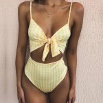 2018 Europe and America sexy wave print chest tie women's swimwear new split swimsuit halter bikini