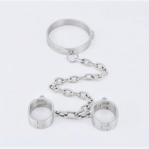 Screw Lock Stainless Steel Bondage Chain Handcuffs Wrist Cuffs Shackles Collar Neck Ring Dog Slaves Devices BDSM Adult Sex Toy