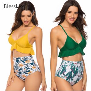 Blesskiss High Waist Bikini 2019 Women Swimsuit Sexy Halter Ruffle Padded Swimwear Printed Floral Bathing Suit Set Yellow Green