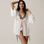 Summer Sexy Women Cover Ups Lace Crochet Bikini White Top Lace Up Hollow Out V-Neck Blouse Sheer Beach Cover-Up Swim Wear
