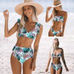 New Sexy Women High Waist Swimsuit Ruffle Beachwear Solid Floral Print Bikini Set Tube Top Swimwear Brazilian Summer Biquinis