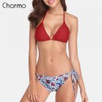 Charmo Scalloped Bikini Sets Floral Print Bikini Halter Top Swimwear Bandage Sexy Swimsuit Beachwear halter-neck bikini tie knot