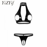 Women Sexy Lingerie open Bra Top with Crotchless G-string Thong Underwear Wet Look Faux Leather Halter Neck Hollow Out Bust bra