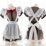 Lovely Soft Girl perspective Sexy Maid Dress Set Black White Women's Vintage Transparent Bow Uniform Apron Lingerie Nightdress