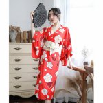 Japan Style Sleeping Robe Set Female Cherry Blossom Printed 1 Robe+1 Waistband+1 Thong Kimino Sexy Lingerie Sleeping Dress