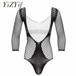 Sexy Mens Bodystockings One-piece Hollow Out Netted lingerie bodysuit Deep V Front Long Sleeves See-through Stretchy Nightwear