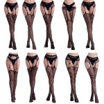Womens Plus Size Sexy High Waist Fishnet Tights Suspender Pantyhose Hollow Out Open Crotch Floral Jacquard Mesh Sheer Lingerie