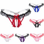 Sexy Women Lace G-string Lingerie Ladies Crotchless V-string Open Crotch Knicker Bow Thong Panties Briefs