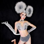 Gray Cute Mouse Suit Ensemble Femme Outfit Women DJ Rave Feather Bikini Headwear GoGo Dance Costume Sexy Nightclub Stage Wear