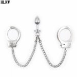 Hot Erotic New Stainless Steel Anal Sex Toy Heart Shaped Crystal Silver Color Backyard Stainless Steel Plug Anal with Handcuffs