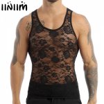Mens Sissy See Through Sheer Lingerie Sexy Lace Mesh Muscle Fitted T-shirt Top Homme Sleeveless Club Undershirt Gay Exotic Tanks