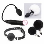 4pcs/set Airbag Inflatable Pump Up Dildo Butt Plug Silicone Anal Plug Open Mouth Ball Gag Nipple Clips Sex Toys for Men Women