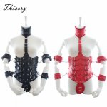 Thierry Lockdown Leather cincher corset, body bondage straitjacket with arm cuffs handcuffs neck collar, Harness sex game toys