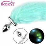 IKOKY Luminous Blue Fox Tail Butt Plug Bright Anal Plug Slave Cosplay Tail Erotic Sexshop Adult Games Sex Toys for Women