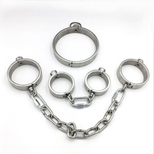 Fetish Stainless Steel Restraints Neck Collar Handcuff Ankle Cuff Lock Kit Adult Games Slave BDSM Bondage Sex Toys For Woman Man