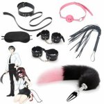 7PCS Anal Plug Tail BDSM Bondage Wrist Cuffs Ball Gag Collar Eye Mask Whip for Cosplay Adult Sex Toy for Couples Kit