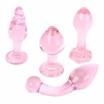 4pcs/set  Anal Masturbation Pink Transparent Glass Anal Plug Anal Massage Stick Butt plug G spot Massager Adult Sex Toys.