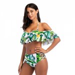 Two Pieces High Waist Swimsuit 2018 Sexy Bikinis Women Swimwear Ruffle Vintage Green Print Bottom Bikini Set Bathing Suits XL
