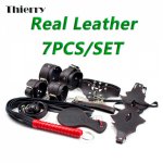 Thierry 7pcs/ Set Leather Sex products Bondage Restraint, Paddle Whip Collar Mask Handcuffs Gag sex Toys for Couples Adult Game