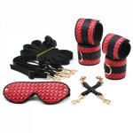Smspade 5 pieces/lot red PU bed bondage kit, handcuffs foot cuffs blindfold faberic belt hog tie versatile bondage accessories 