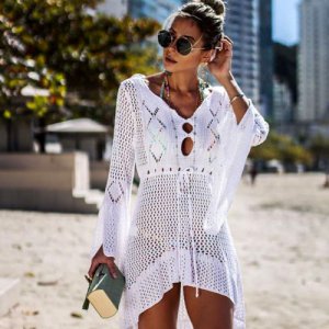 2018 New Beach Cover Up Bikini Crochet Knitted Tassels Beachwear Summer Swimsuit Cover Up Sexy See-through Beach Dress